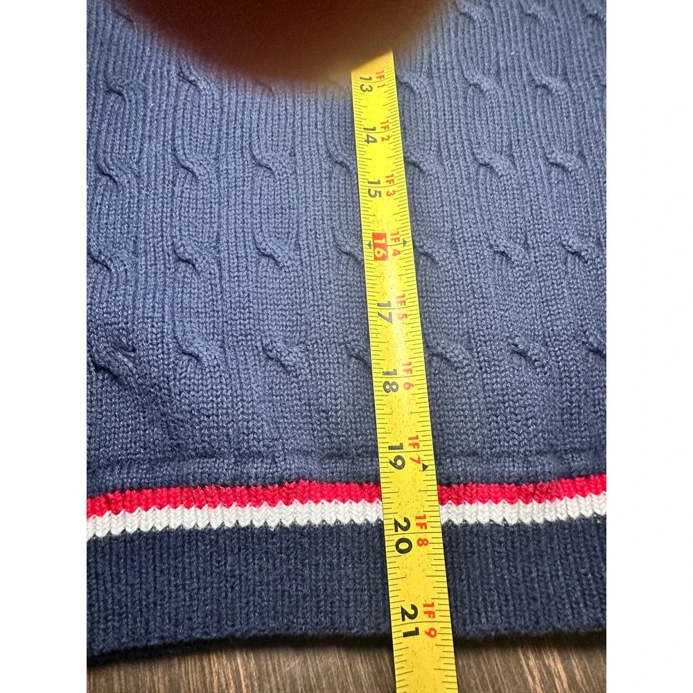 Tommy Hilfiger Boys Navy Cable Knit V-Neck Sweater Vest Striped‎ Trim Sz L 16-18